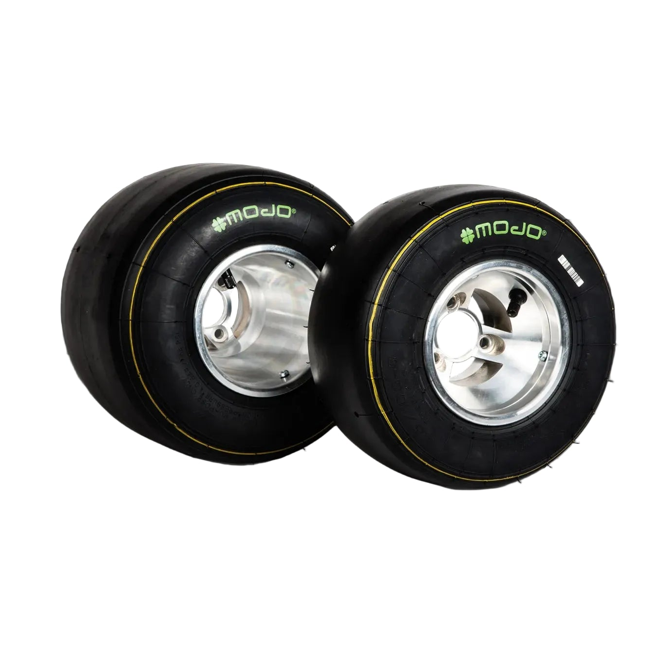 Two black racing slick tyres with visible branding on the sidewall, mounted on silver rims purposes only wheels.